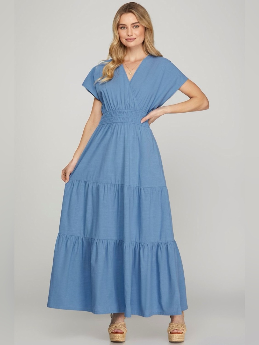 She + Sky Surplice Short Sleeve Tiered Maxi Dress With Pockets